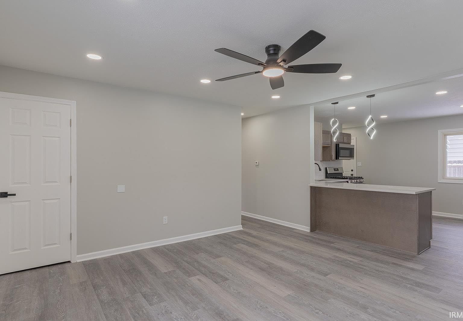 Finished remodeled living room with new flooring